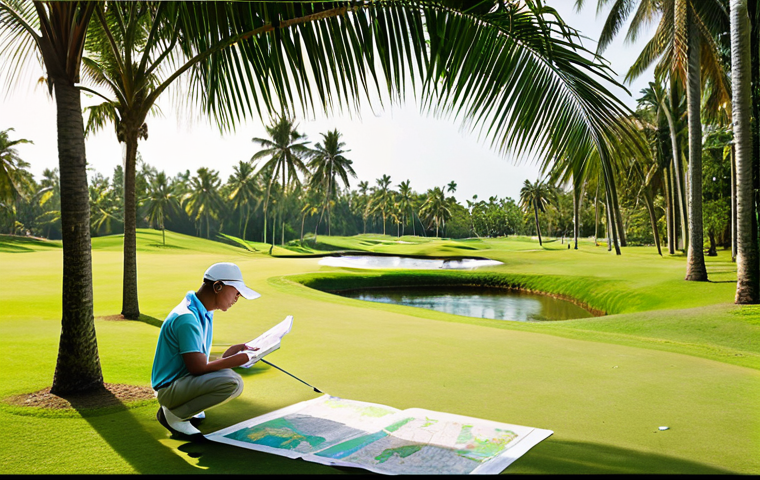 **

Prompt: Thai golfer meticulously studying the course map before a round, highlighting distances and hazards. Lush green fairway, palm trees in the background, bright sunlight. Focus on strategic planning.

**
