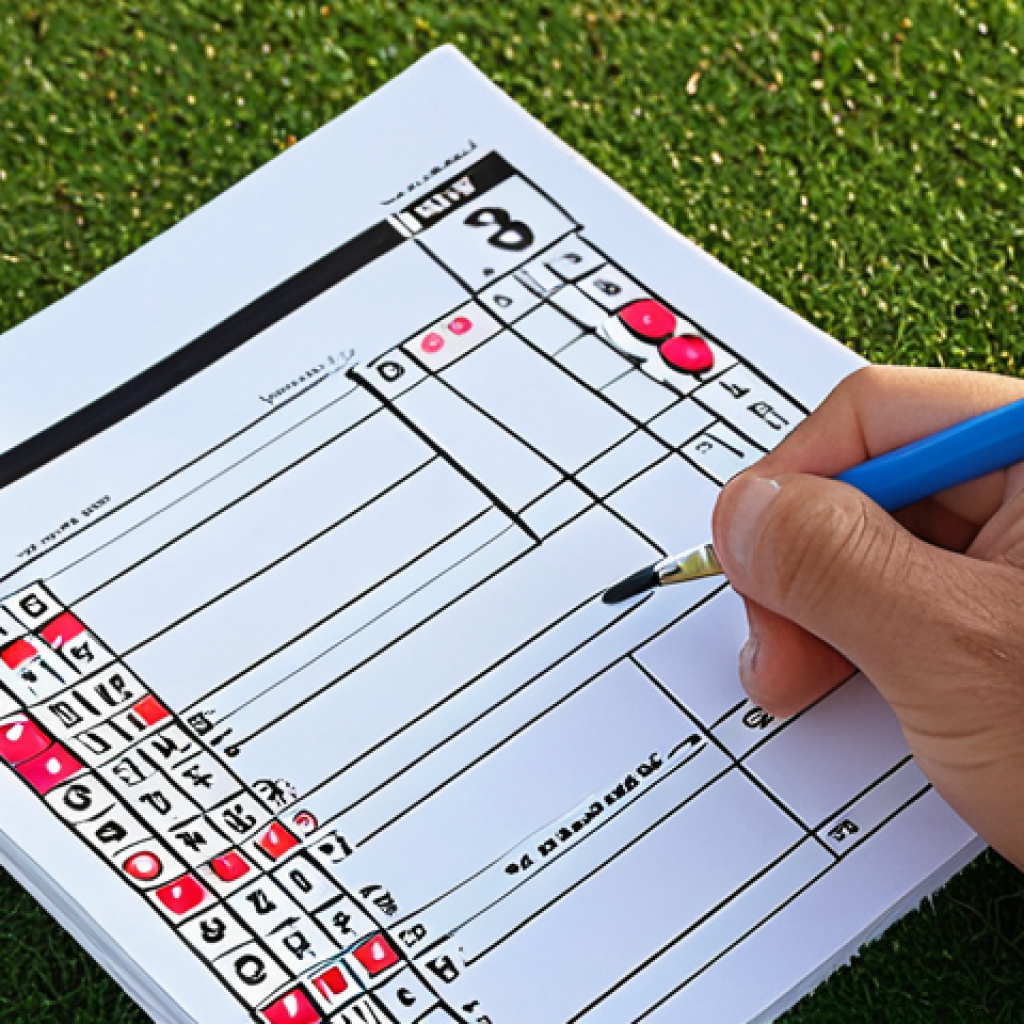 ** A golfer diligently filling out a traditional golf scorecard on the course, using a favorite colorful pen. Focus on the details of the scorecard: par, yardage, handicap, and symbols for water hazards or lost balls. The golfer is focused and meticulous, reflecting accurate scorekeeping.

**