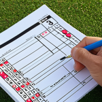 ** A golfer diligently filling out a traditional golf scorecard on the course, using a favorite colorful pen. Focus on the details of the scorecard: par, yardage, handicap, and symbols for water hazards or lost balls. The golfer is focused and meticulous, reflecting accurate scorekeeping.

**
