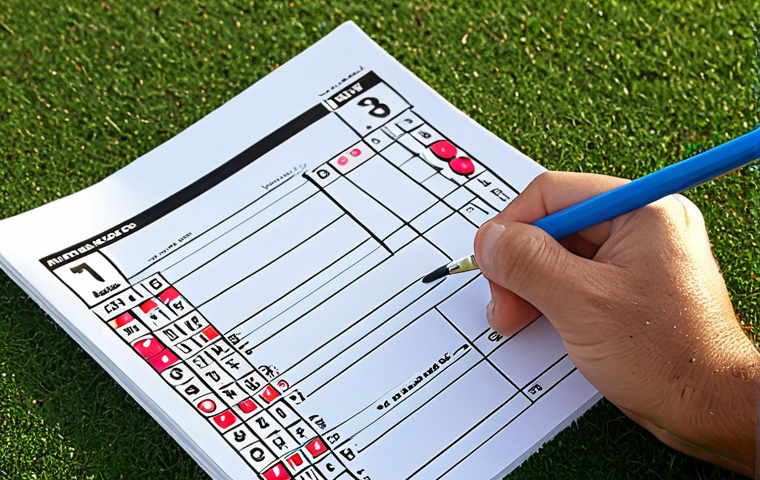 ** A golfer diligently filling out a traditional golf scorecard on the course, using a favorite colorful pen. Focus on the details of the scorecard: par, yardage, handicap, and symbols for water hazards or lost balls. The golfer is focused and meticulous, reflecting accurate scorekeeping.

**