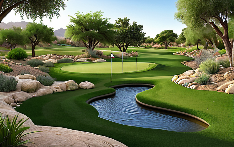 **

Lush green golf course, eco-friendly design, integrating seamlessly with nature. Focus on water conservation: efficient irrigation, recycled water features. Native plants, minimal chemical use. Serene and sustainable golf oasis.

**